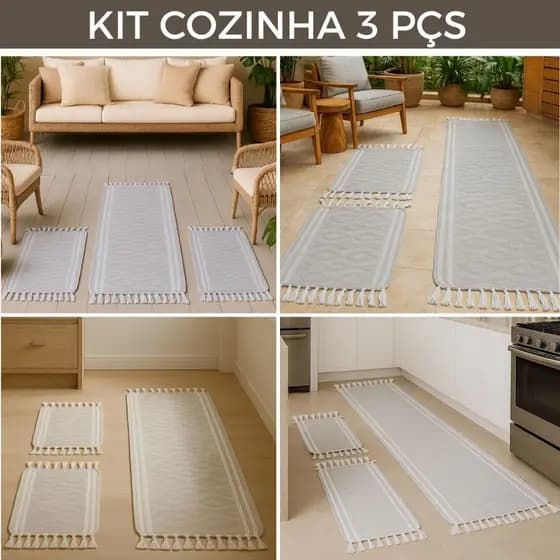 Kit De Tapetes Dupla Face 3 Peças 100% Algodão Geométrico Ideal Para Cozinha Com Toque Macio E Alta Qualidade