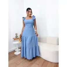 Vestido Longo de Alça no Tecido Duna com Babado no Ombro