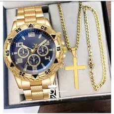 Kit Relógio Masculino Aço Inox Corrente Pulseira Pingente Crucifixo PROMOÇÃO BLACK FRIDAY SHOPEE