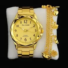 Relógio Feminino Dourado Banhado a Ouro 18k Original com Pulseira Elegante Luxo