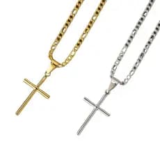 Kit Corrente  + Pingente Cruz Palito Prateado e Dourado Cordão 3x1 Masculina/Colar Feminina Crucifixo Moeda Antiga Aço