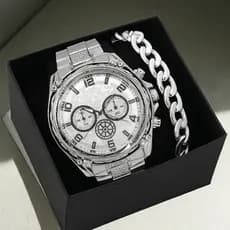 Conjunto Relógio Masculino + Pulseira Aço Inox Banhado Luxo
