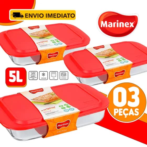 Jogo Kit 03 Lasanheiras Com Tampa Marinex 5L Assadeira - Marinex Grande Refratário Nadir