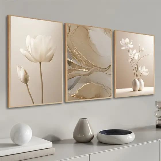 Kit 3 Quadros Decorativos Abstrato Flores Bege Boho Estante De Livros Quarto Sala De Estar