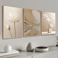 Kit 3 Quadros Decorativos Abstrato Flores Bege Boho Estante De Livros Quarto Sala De Estar