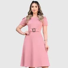 Vestido Feminino Soltinho Estilo Godê Midi Elegante Vestido Rodado Vestido Com Faixa Cinto Moda Evangelica Casual