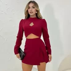 Estrela Fashion Blusa e Saia Mini - Estilo Moderno com Corte Central e Manga Longa (P/M/G) 002031 Blusa e Saia Mini Cort