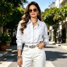 Estrela Fashion Camisa Manga Longa com Botões e Strass na Algema Feminino 15-256