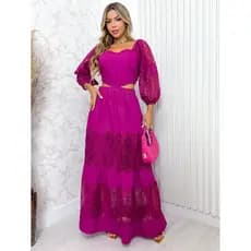 Estrela Fashion Vestido Longo Manga Longa Bordada em Feminino Tule 6370