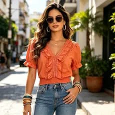 Top Feminino Cropped com Cós Elástico e Aplicação de Renda 6332