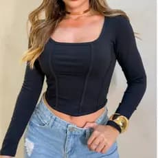 MODA LUA Cropped Feminino Decote Redondo Mangas Longa 00202