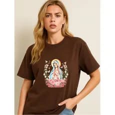 Camiseta Religiosa feminina algodão estampada Maria e flores Camisa Fio 30.1 Delicada e casual