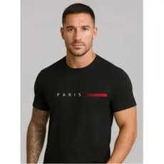 Camiseta Paris algodão estampada Paris e faixa vermelha Camisa Fio 30.1  Paris Casual Estilosa