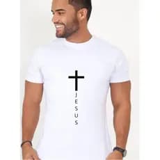 Camiseta Religiosa Unissex algodão estampada Cruz e nome Jesus Fio 30.1 Moderna e estilosa católica
