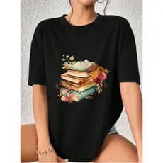 Camiseta feminina algodão estampada Livros e Flores Camisa Fio 30.1 Delicada e casual