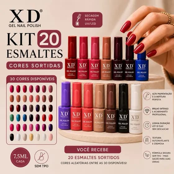 Kit 20 Esmaltes em Gel XD UV/LED 7,5ml | Cores Sortidas | Alta Pigmentação | Secagem Rápida