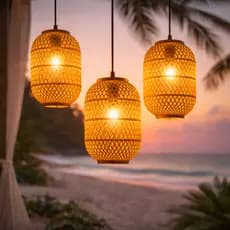 Pendente Bambu Lustre Palha Trançado Sala Natural 3 Und Led