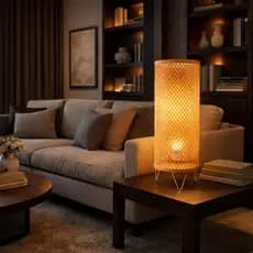 Luminária Abajur Mesa Tecelagem Kit 3 uni Bambu Palha Bivolt Cilíndrico  Luminária Cilíndrico Bamboo Japonês Sala Quarto