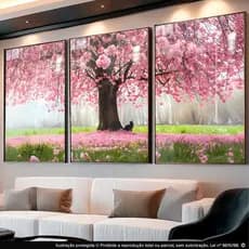Quadro Decorativo 3pçs Para Sala Escritório Hall Árvore Cerejeira Rosa Paisagem Gatinho