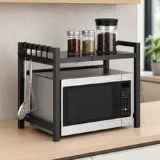 Suporte Extensível para Micro-ondas com 6 Ganchos Organizador de Cozinha Preto