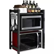 Suporte Extensível para Micro-ondas 2 Níveis com 6 Ganchos Organizador de Cozinha Preto