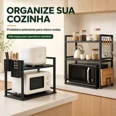 Suporte para Micro-ondas Extensível 2 Níveis com 6 Ganchos Organizador de Cozinha Preto