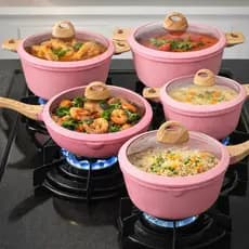 Jogo de Panelas 5 Peças Rosa Granito Antiaderente Cerâmico Cozinha Prática, Segura e Estilosa