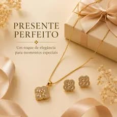 Conjunto Colar e Brincos Trevo 4 Folhas Dourado Zircônia Brilhante, Jóia Delicada Feminino Presente Elegante Uso Diário