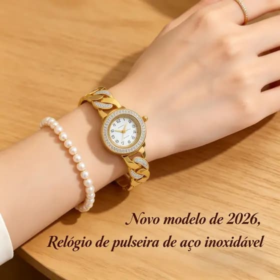 Relógio de Aço Inoxidável Feminino 2026 | Strass no Mostrador e Pulseira, 23,5mm