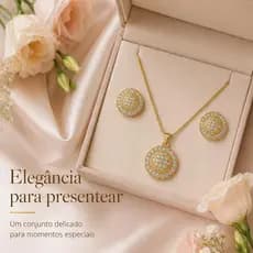 Conjunto de colar e brincos redondos dourados com acabamento brilhante e luxuoso — o presente perfeito para uma mulher