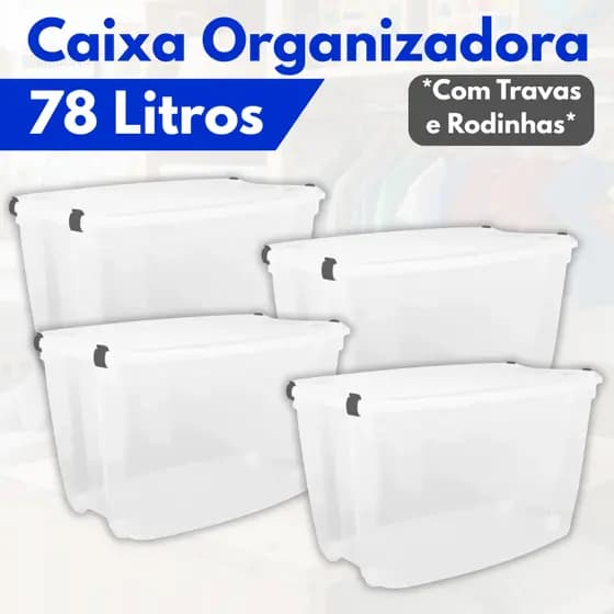 Kit Jogo 4 Caixas Organizadoras 78 Litros Transparente Com Tampas e Travas Resistentes Jaguar