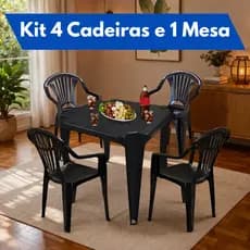 Kit Jogo 1 Mesa e 4 Cadeiras Poltronas Suportam 154kg Plásticas Preta Salas De Jantar Varanda Jardim
