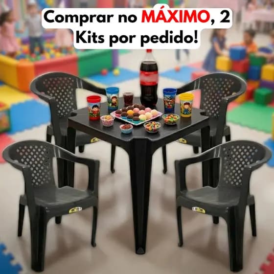 Kit Jogo 1 Mesa e 4 Cadeiras Poltronas Plastico Buffet Bares Restaurantes Suporta Até 182kg