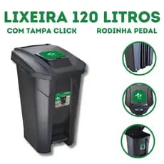 Lixeira Grande 120 Litros Tampa Click e Pedal Preta Cesto Container Coleta De Lixo Higiênica