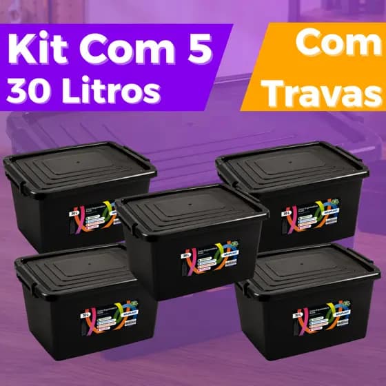 Kit 5 Caixas Cesto 30 Litros Caixa Organizadora Multiuso Pretas Com Tampa e Trava Organizador Preto