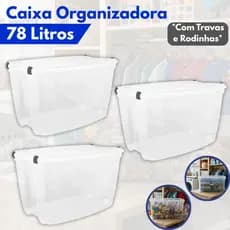 Conjunto 3 Caixas Organizadoras 78 Litros Transparente Com Tampas e Travas Roupas Livros Brinquedos