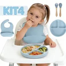4 Talheres Bebê Novo Silicone Peças Talheres Infantil Com Ventosa Canudo Colher Babador Garfo