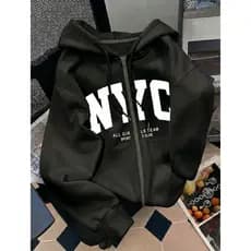 Moletom Feminino Com Zíper E Bolso Estampa NYC Casual Confortável Casaco De Frio Flanelado Over