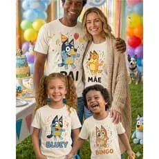 Camiseta FAMILIA BLUEY - OFF / PRETA  aniversário blusa personagem bluey mãe pai bingo promoção