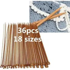 Conjunto Completo Agulhas de Crochê Bambu Carbonizado, 36 Peças 18 Tamanhos, Ponta Única para Tricô e Suéter