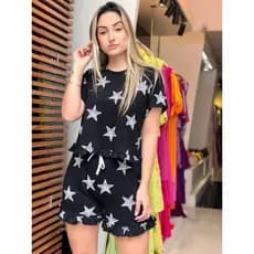 Pijama Feminino Manga Curta Com Babado Estampado Baby Doll De Verão Blogueirinha Tendencia Short