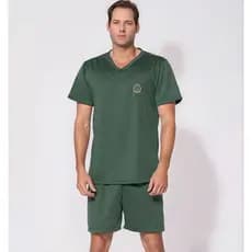 Pijama Masculino Conjunto Short e Camisa Verde Estampado Liso  Confortável Casual Homem Pai Marido