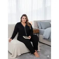 Pijama Feminino Plus Size Americano Aberto de Botões Inverno
