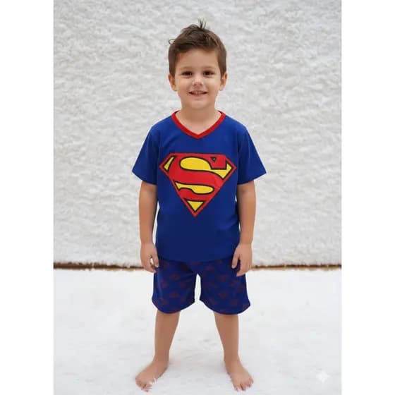 Pijama Infantil Menino Manga curta e short Super Homem Heroi Conjunto Masculino de Dormir