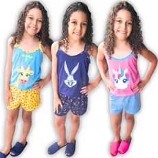 Pijama Infantil de Verão baby doll de Alça e short Menina Conjunto Criança dormir Feminino unicornio