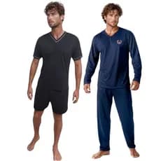 Kit 2 Pijamas Masculino Inverno Manga e Calça Comprida Mais Pijama Verão Manga Curta e Short Pai