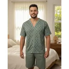 Pijama Masculino Adulto Botões Camisa Aberta Short Conjunto
