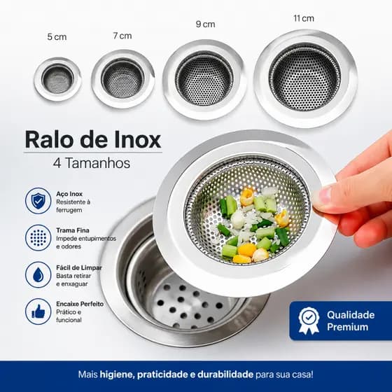 Ralo de Pia com Borda para Cozinha Aço Inox Ralinho Prime 4 Tamanhos Diderente