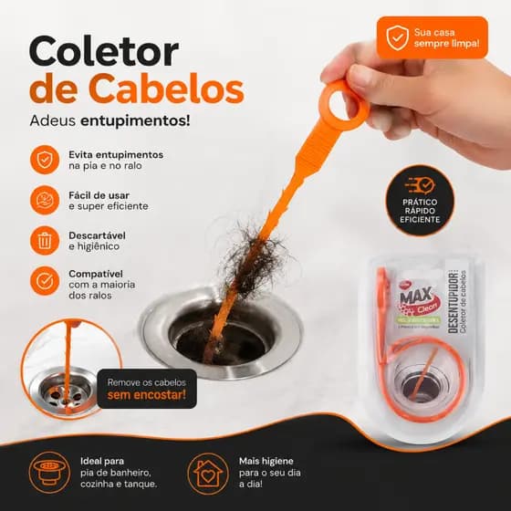 Desentupidor Coletor de Cabelos Ralos Pias Banheiro Plástico Resistente