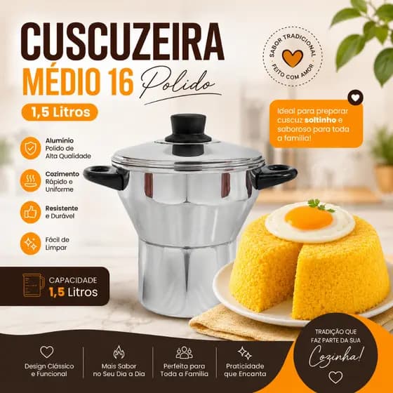 Cuscuzeira De Alumínio Polido N° 16 Cuscuzeiro Grande Panela Faz Cuscuz Reforçado Qualidade